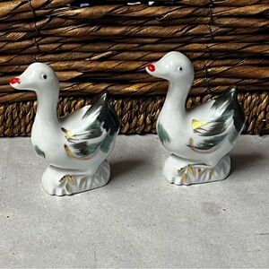 Mid Century 1950’s Miniature Geese Ceramic Figurines With Gold Accents